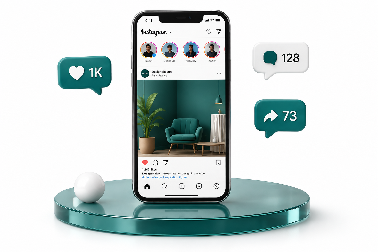 Publications Instagram sur mobile, avec 1K de mentions J’aime, 128 commentaires et 73 partages.