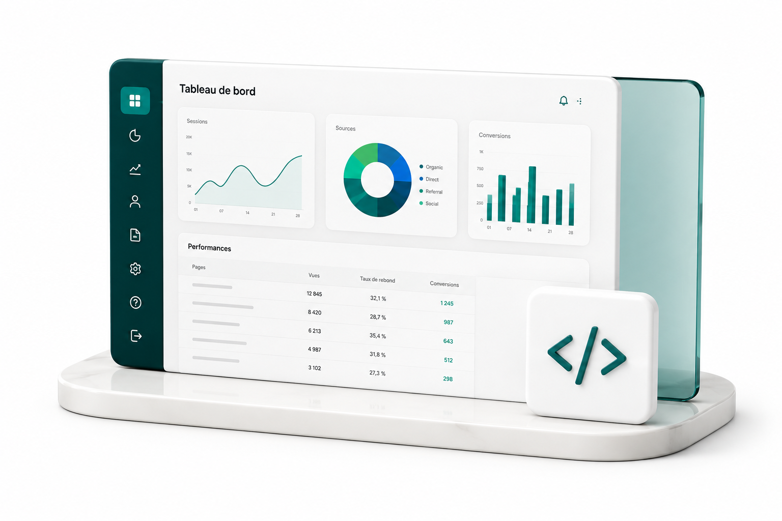 Tableau de bord métier avec navigation, graphiques, tableaux de données et module de code, en blanc et vert pétrole.
