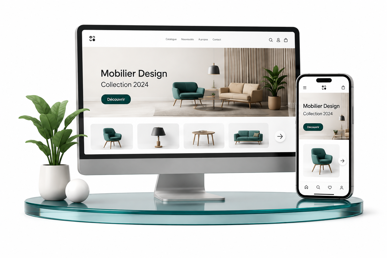 Boutique Mobilier Design, collection 2024, sur ordinateur et mobile, sur un socle en verre vert pétrole.